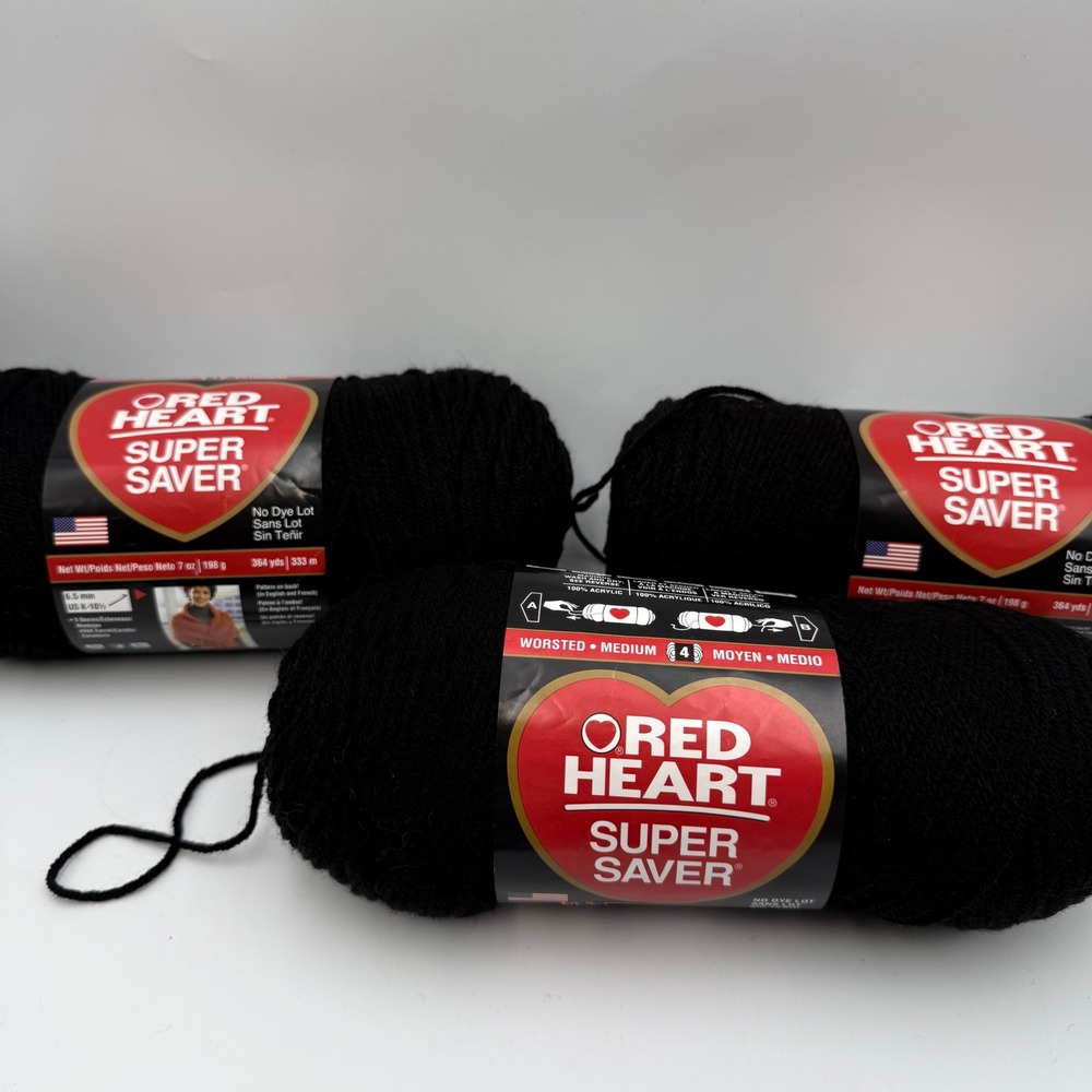 Red Heart Super Saver Black Yarn 3 Skeins Worsted Medium 4 Acrylic 0312 7oz 364y